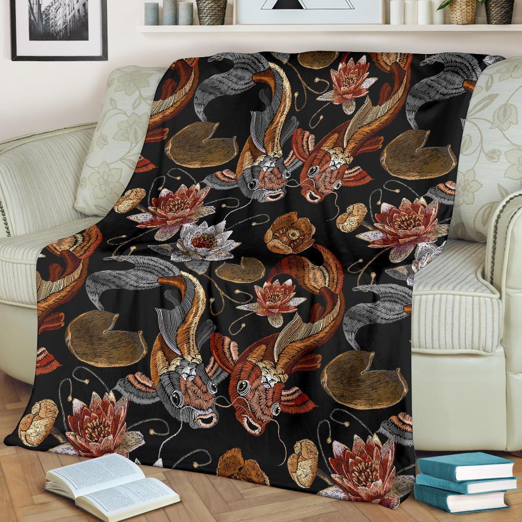 Koi Fish Crochet Lotus Pattern Print Blanket-grizzshop