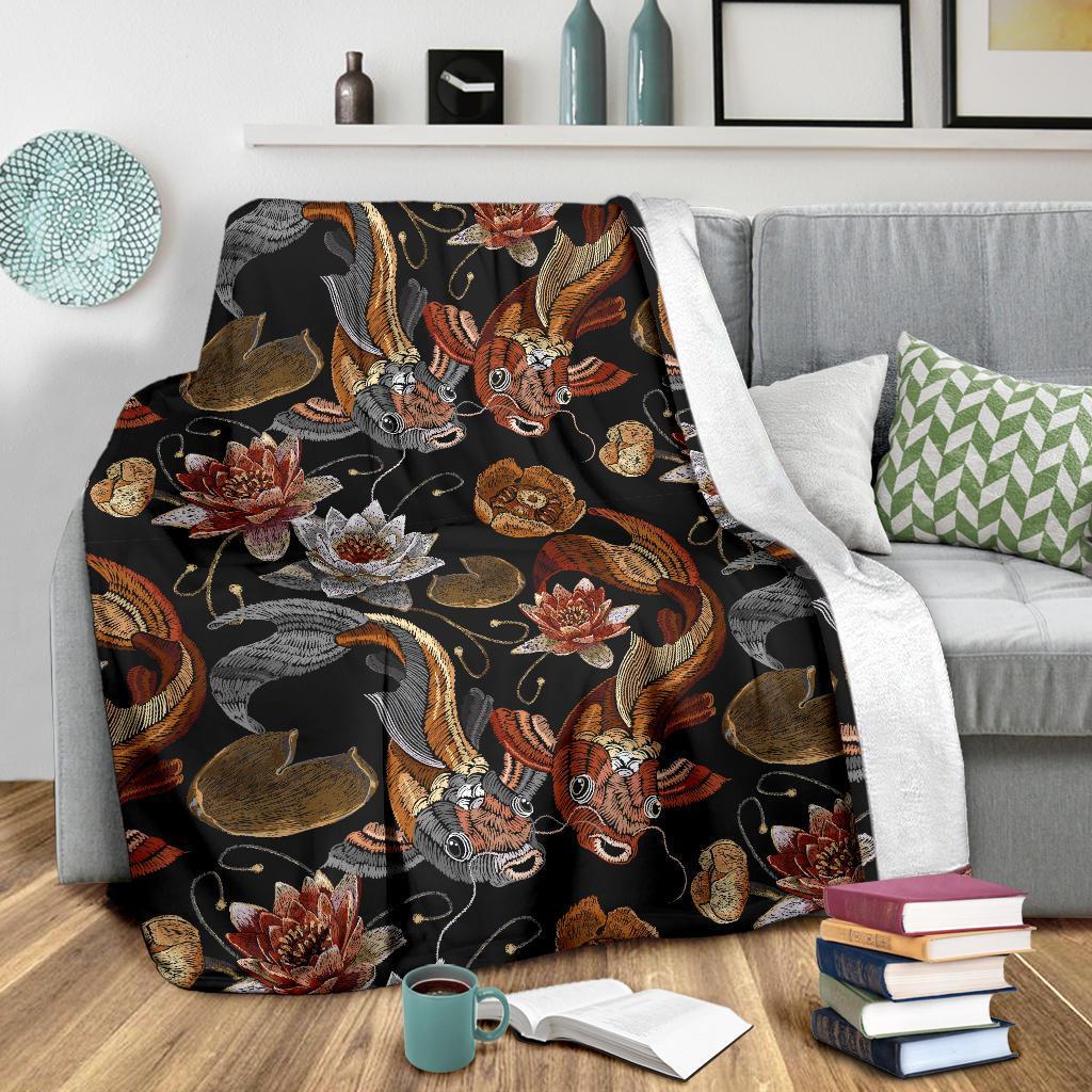 Koi Fish Crochet Lotus Pattern Print Blanket-grizzshop