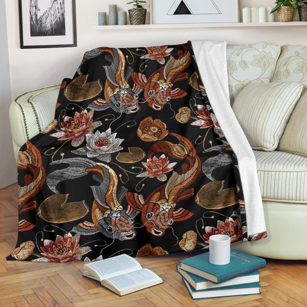 Koi Fish Crochet Lotus Pattern Print Blanket-grizzshop