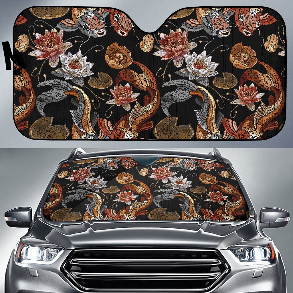 Koi Fish Crochet Lotus Pattern Print Car Sun Shade-grizzshop