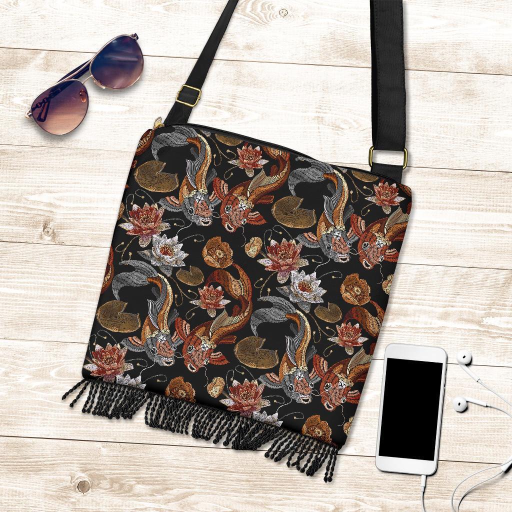 Koi Fish Crochet Lotus Pattern Print Crossbody Bags-grizzshop