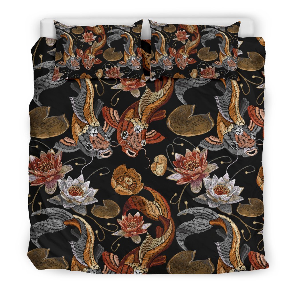 Koi Fish Crochet Lotus Pattern Print Duvet Cover Bedding Set-grizzshop