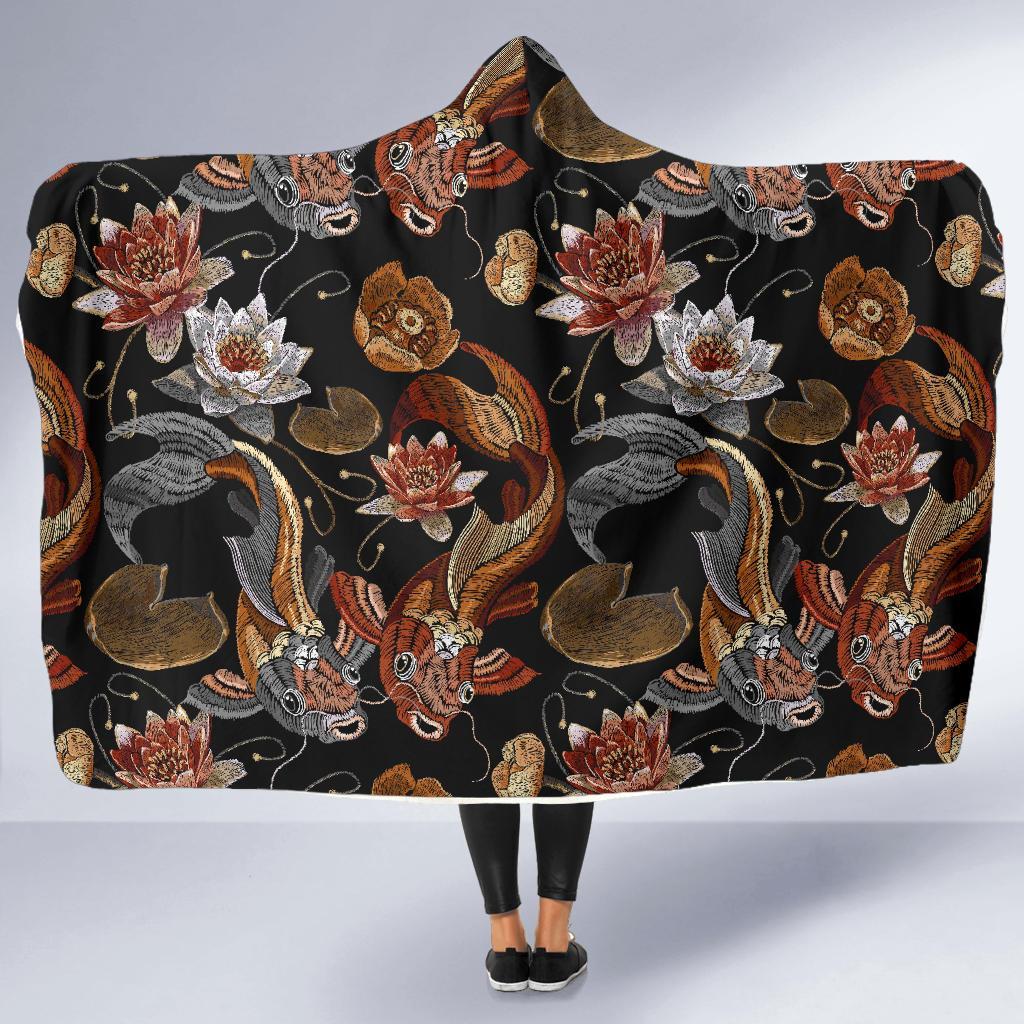 Koi Fish Crochet Lotus Pattern Print Hooded Blanket-grizzshop