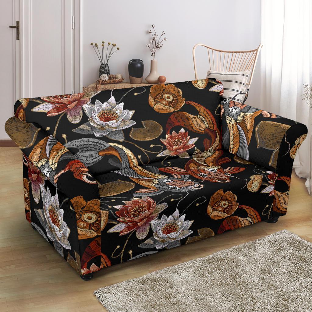 Koi Fish Crochet Lotus Pattern Print Loveseat Cover-grizzshop