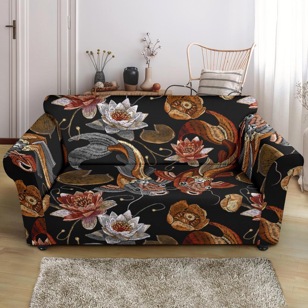 Koi Fish Crochet Lotus Pattern Print Loveseat Cover-grizzshop