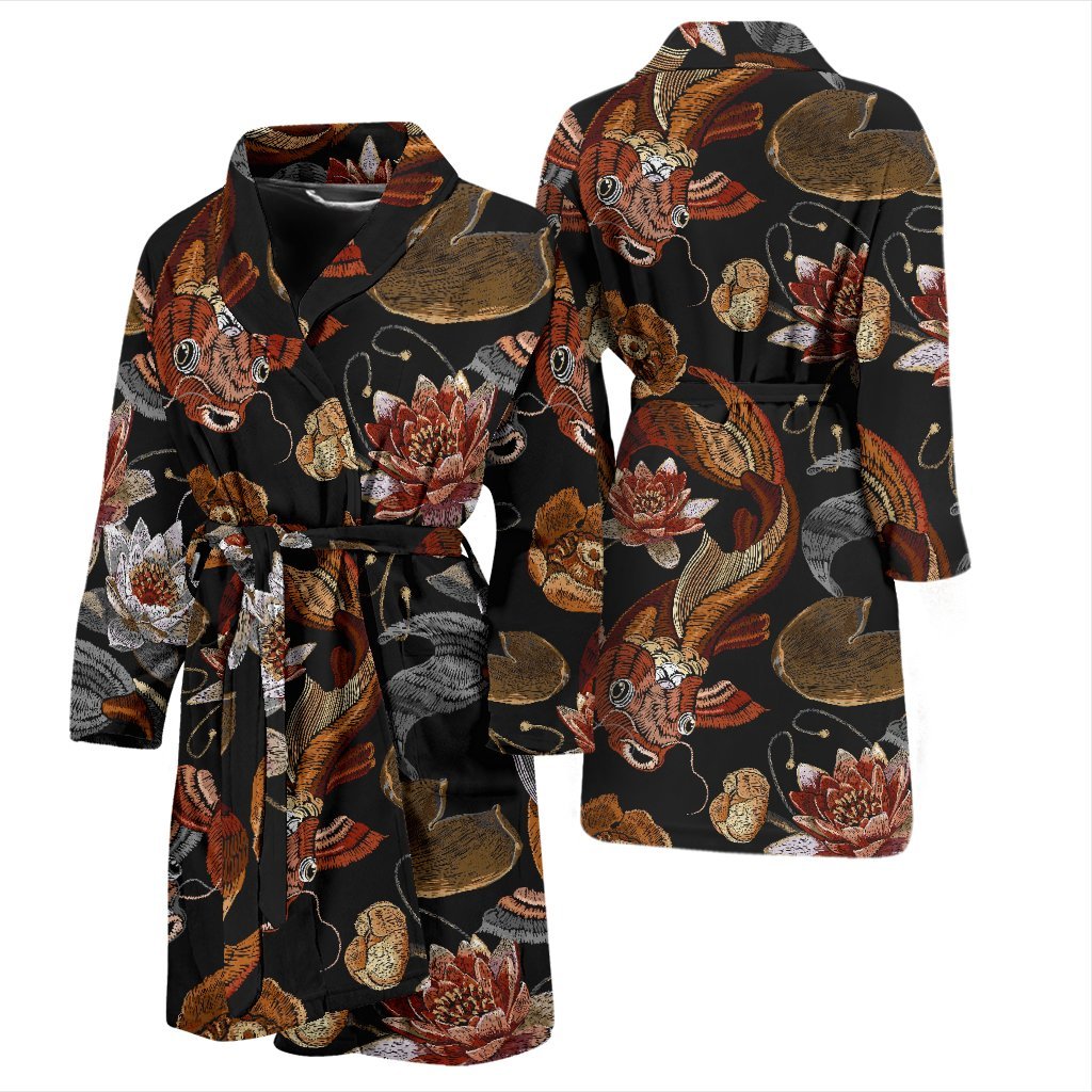 Koi Fish Crochet Lotus Pattern Print Men Long Robe-grizzshop