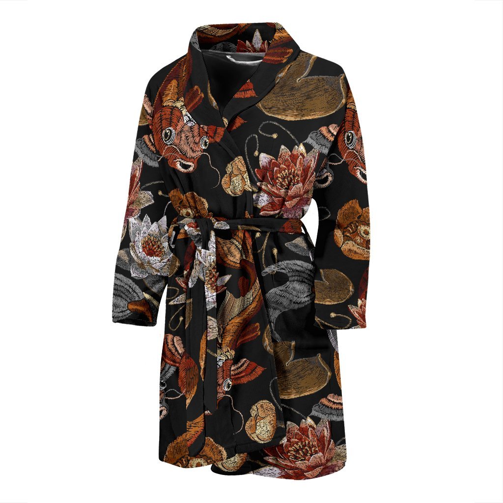 Koi Fish Crochet Lotus Pattern Print Men Long Robe-grizzshop