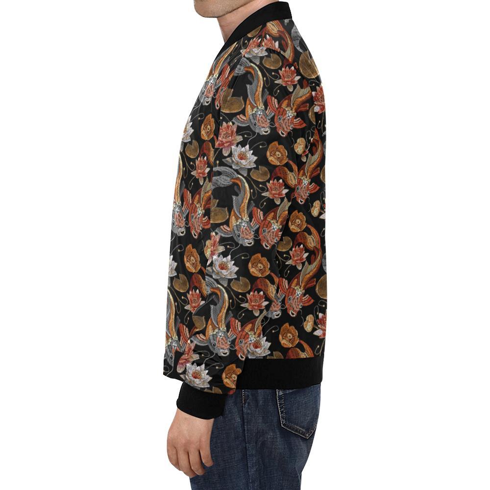 Koi Fish Crochet Lotus Pattern Print Men's Bomber Jacket-grizzshop