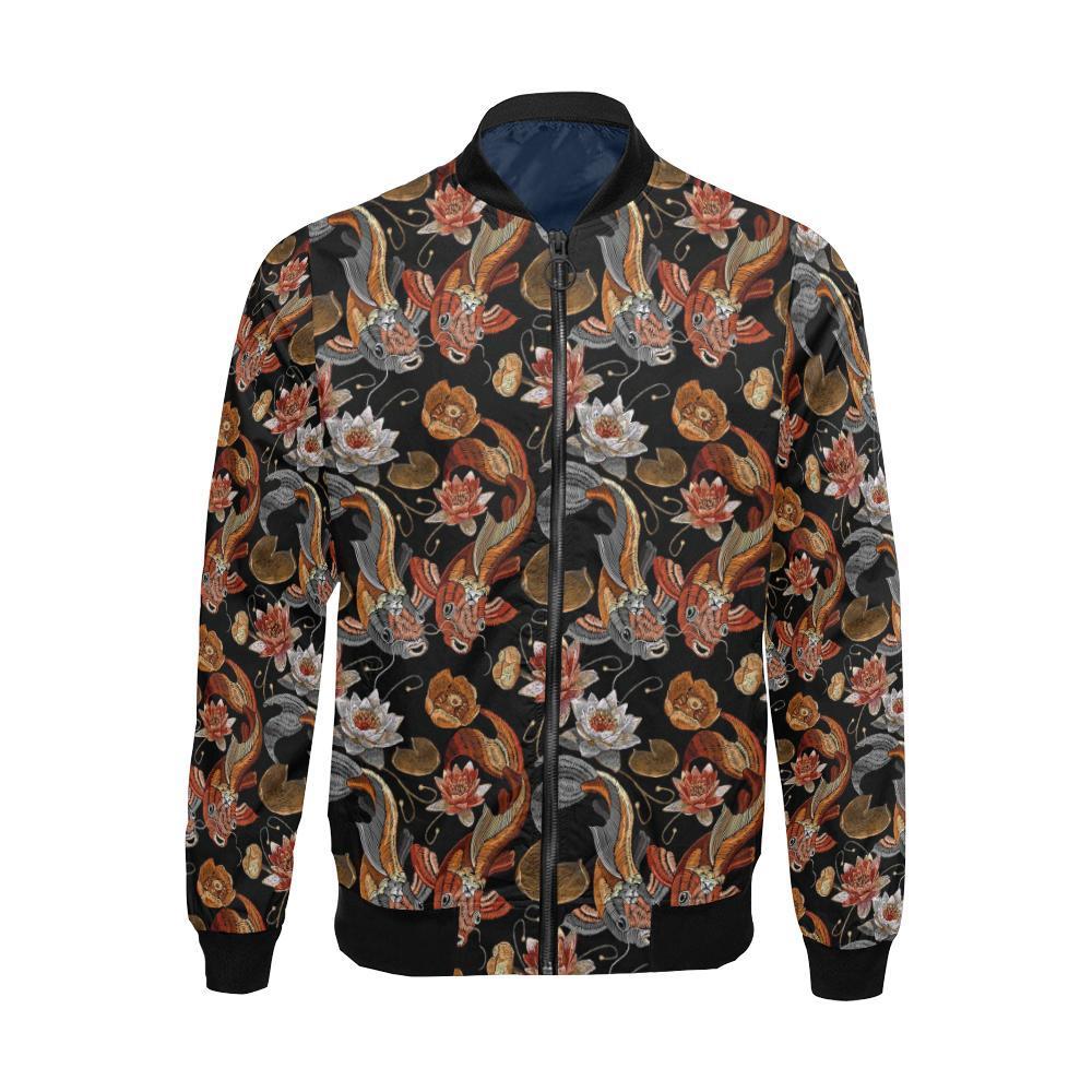 Koi Fish Crochet Lotus Pattern Print Men's Bomber Jacket-grizzshop