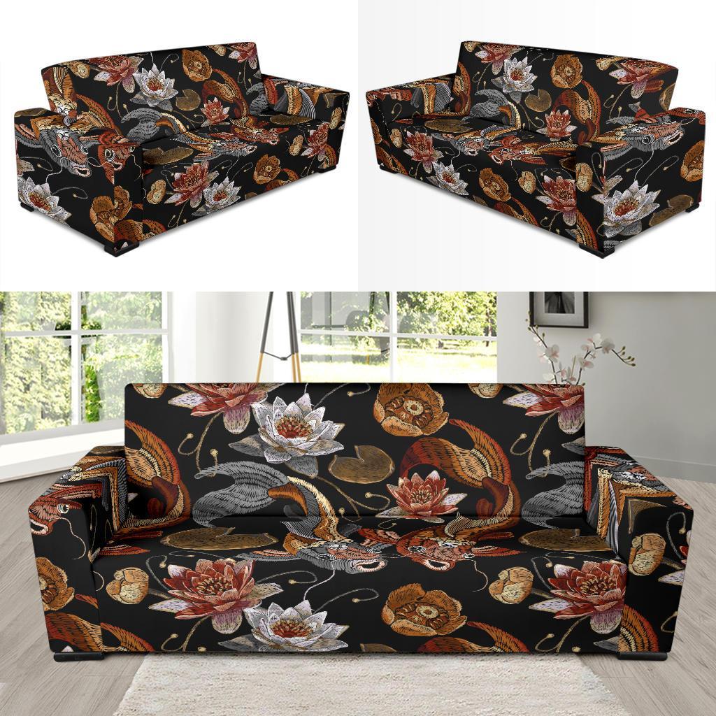 Koi Fish Crochet Lotus Pattern Print Sofa Covers-grizzshop