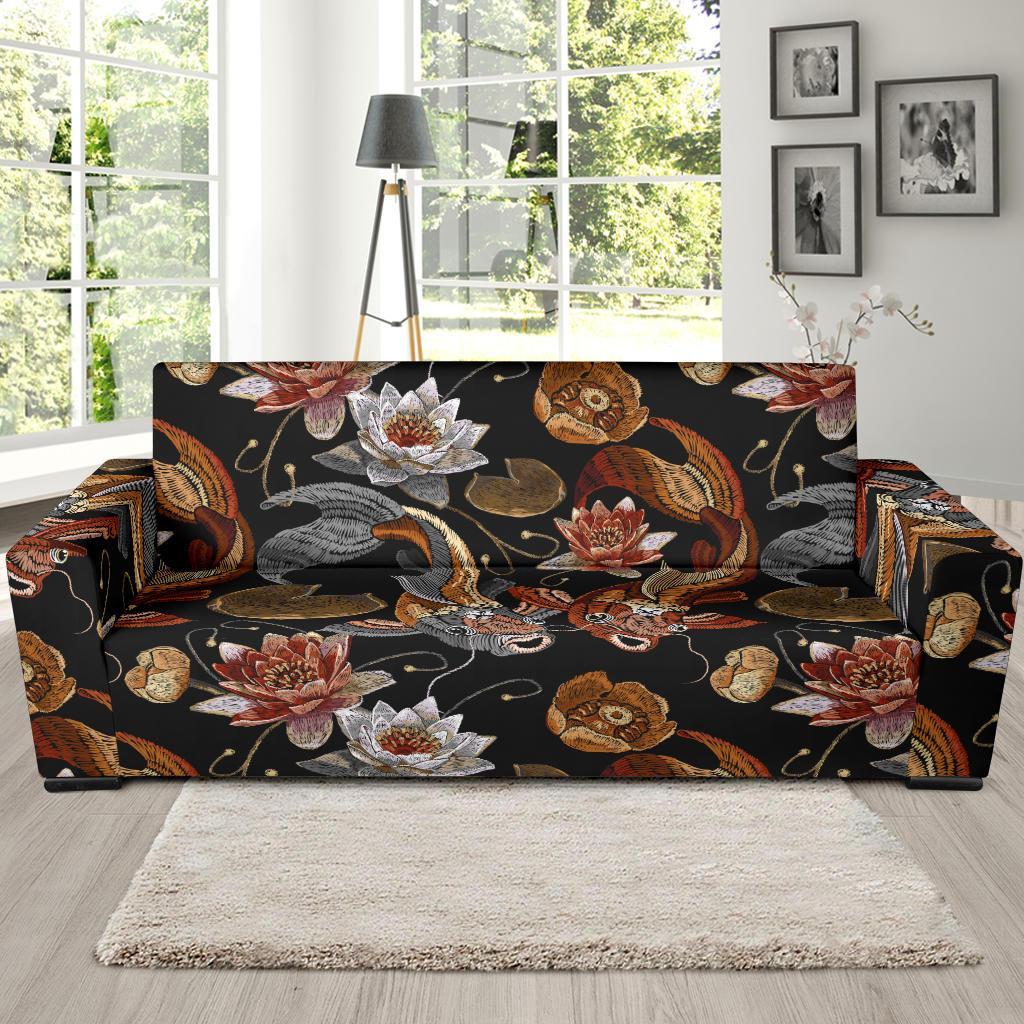 Koi Fish Crochet Lotus Pattern Print Sofa Covers-grizzshop