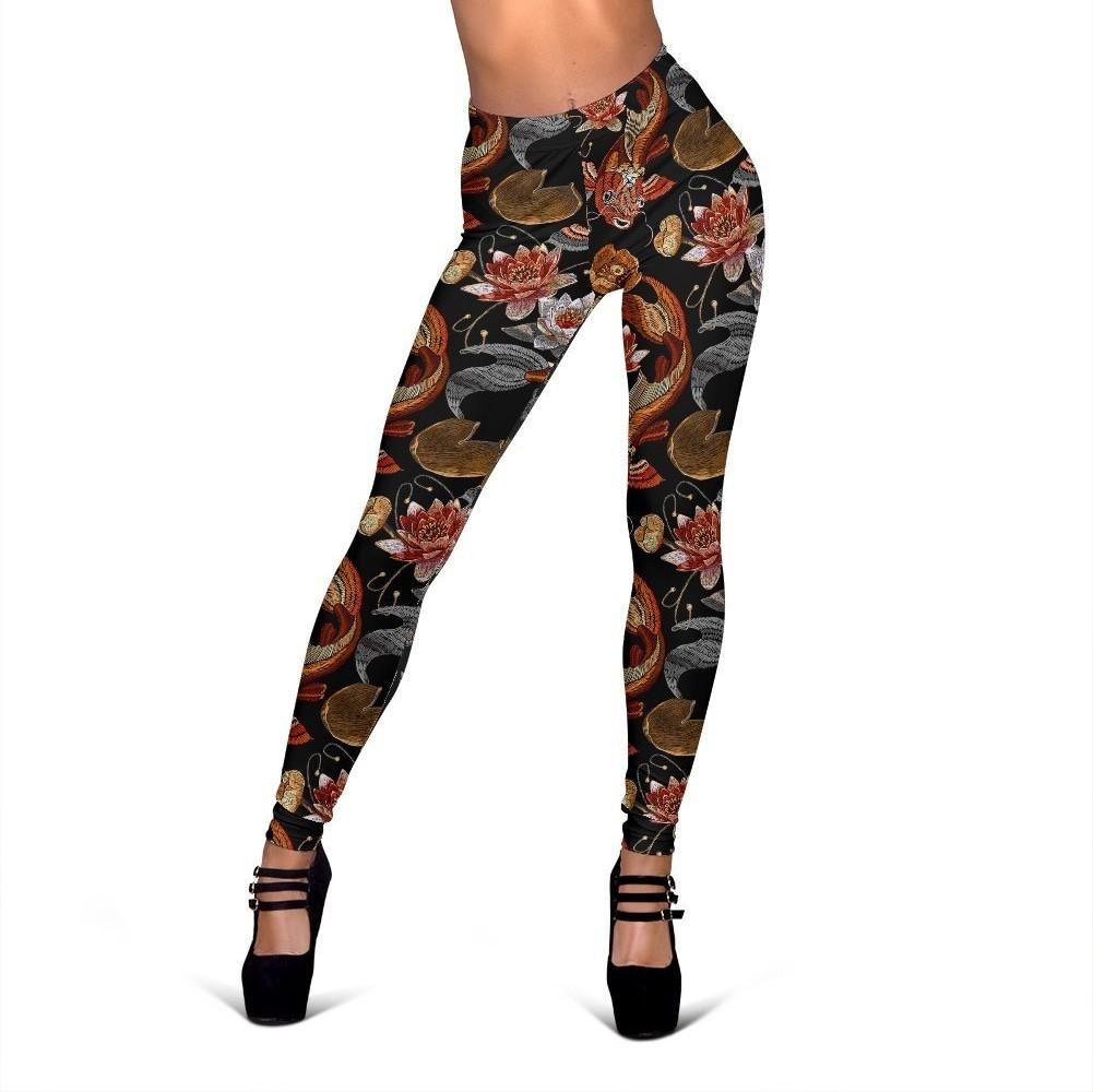 Koi Fish Crochet Lotus Pattern Print Women Leggings-grizzshop