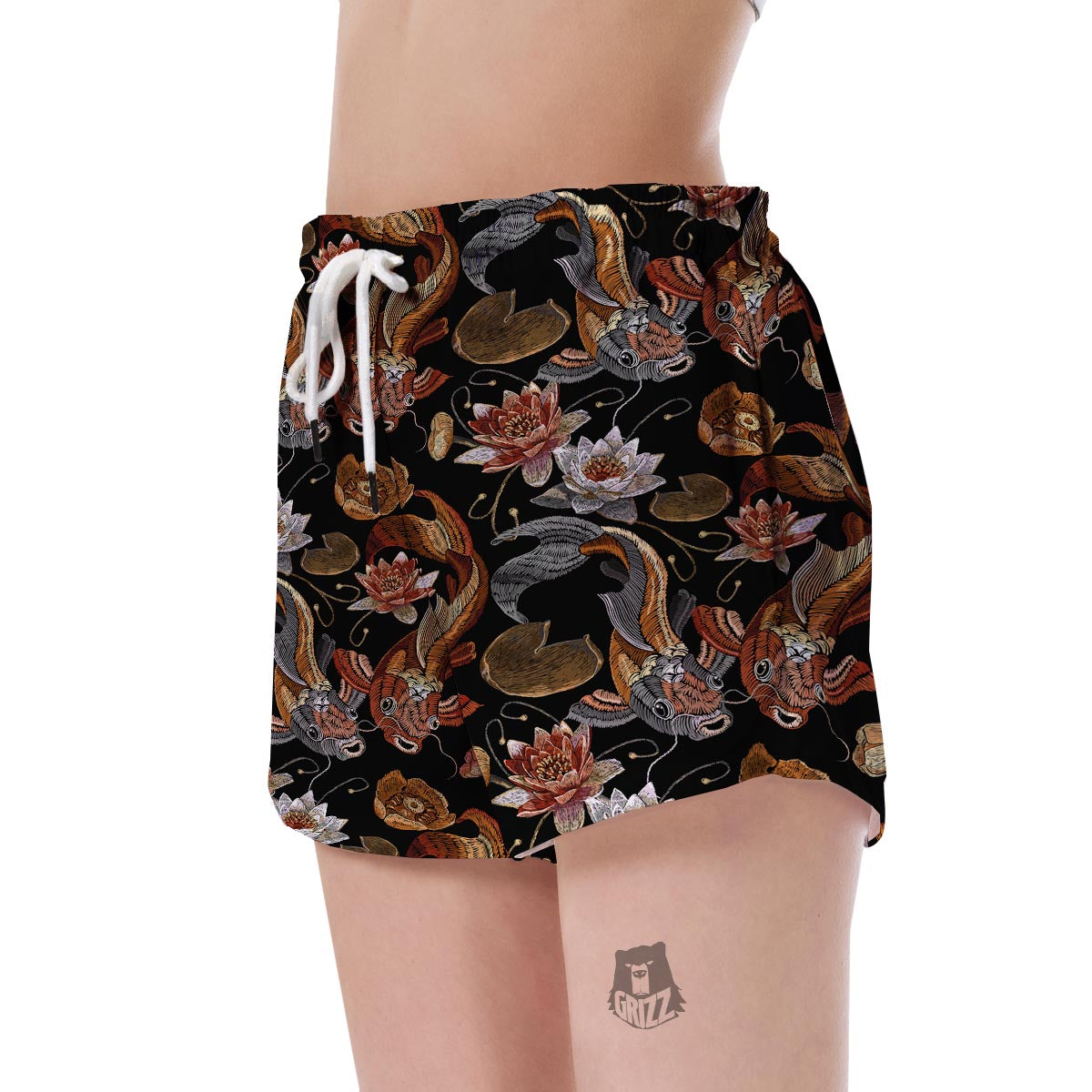 Koi Fish Crochet Lotus Pattern Print Women's Shorts-grizzshop