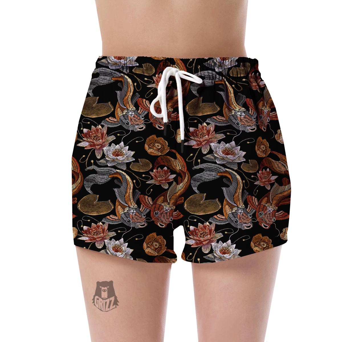 Koi Fish Crochet Lotus Pattern Print Women's Shorts-grizzshop