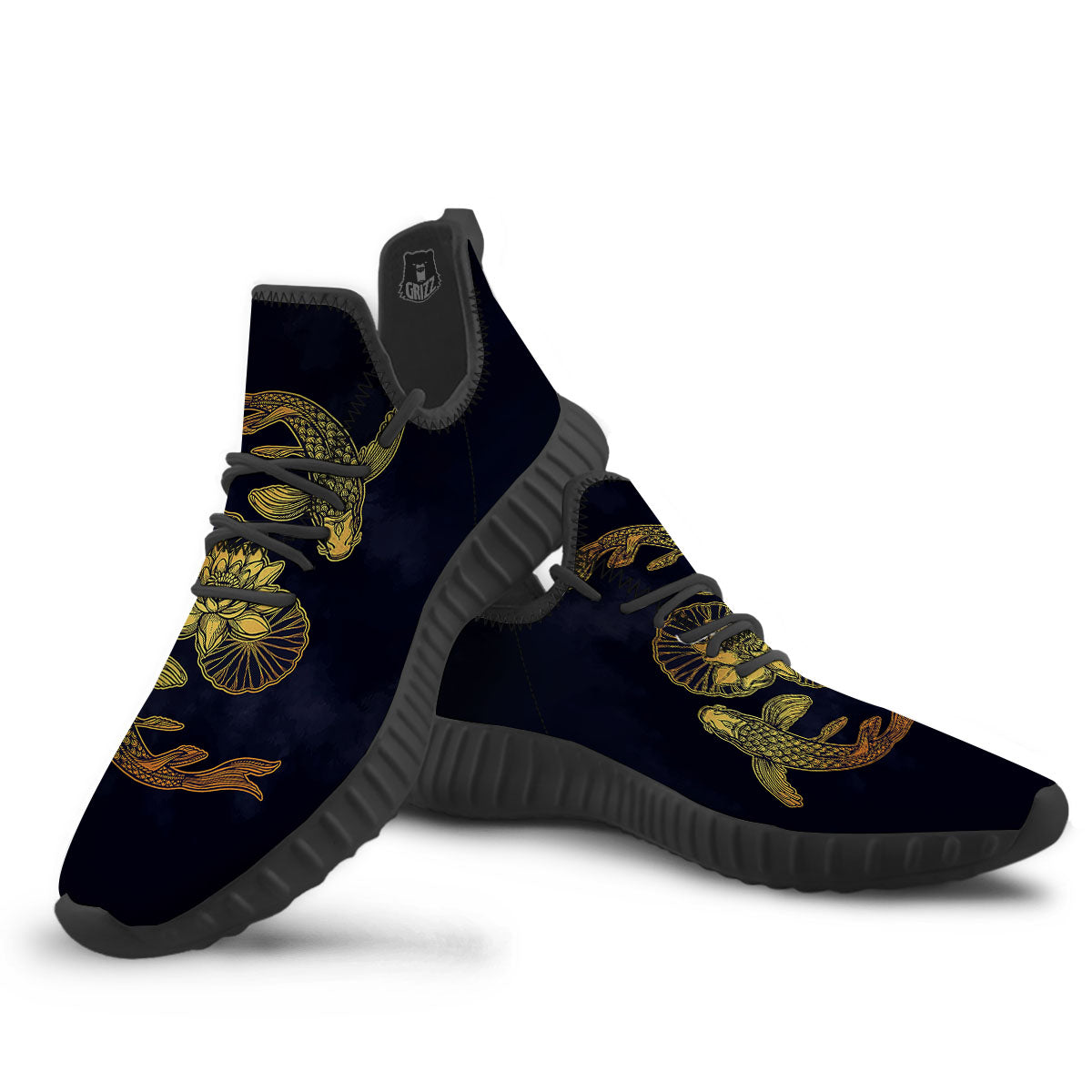 Koi Fish Golden Spiritual Print Black Walking Shoes-grizzshop