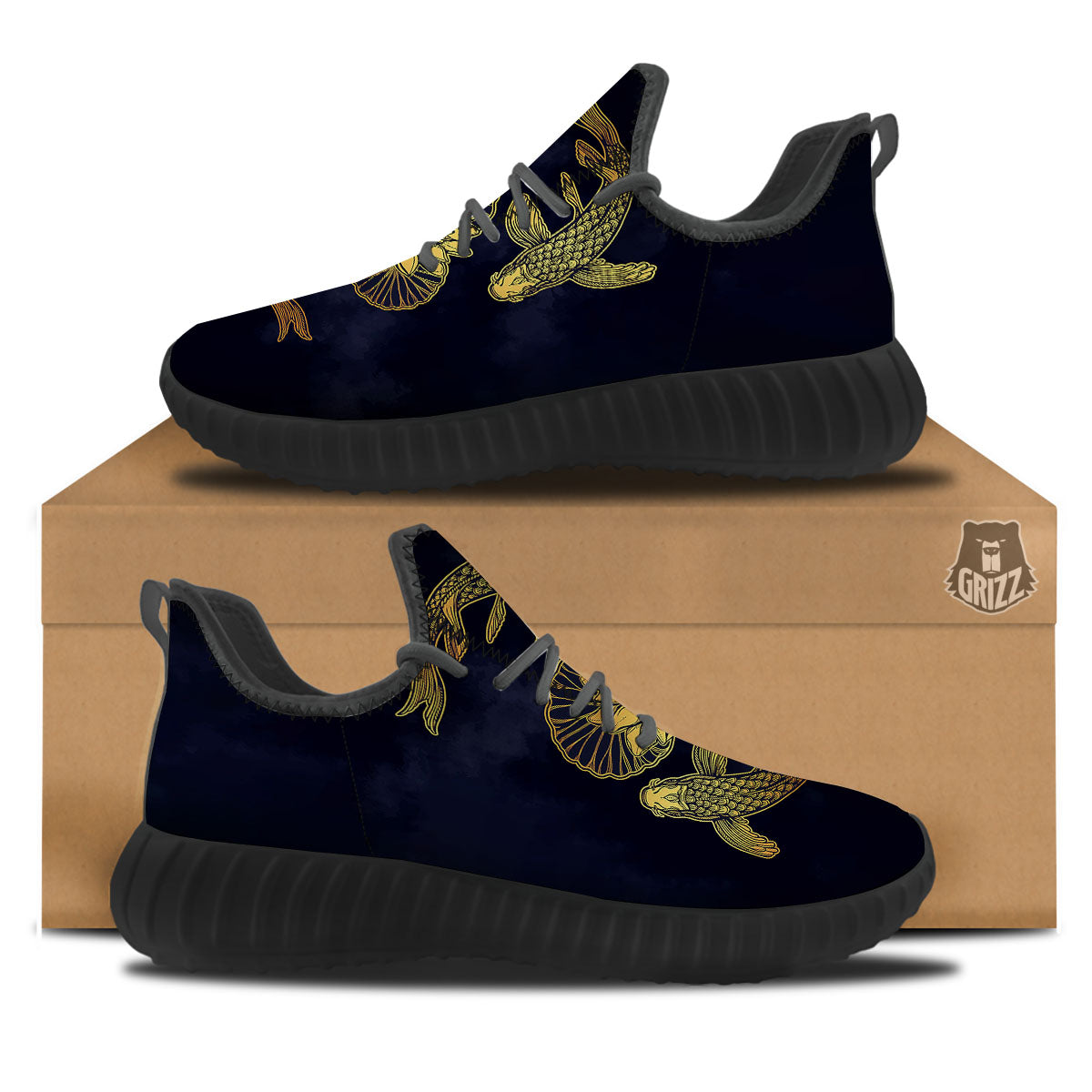 Koi Fish Golden Spiritual Print Black Walking Shoes-grizzshop
