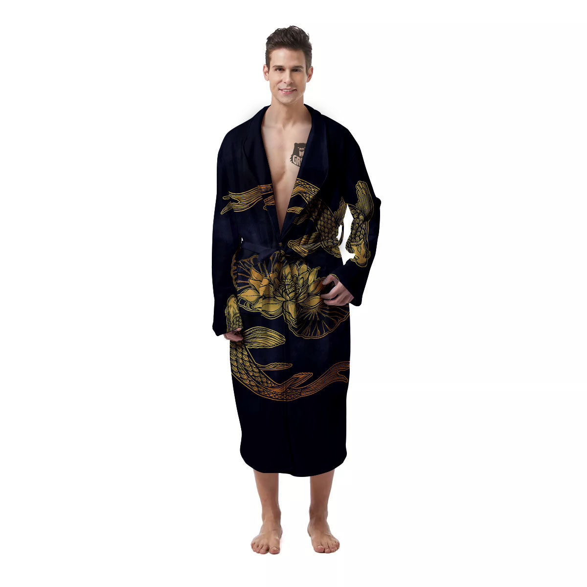 Koi Fish Golden Spiritual Print Men's Robe-grizzshop