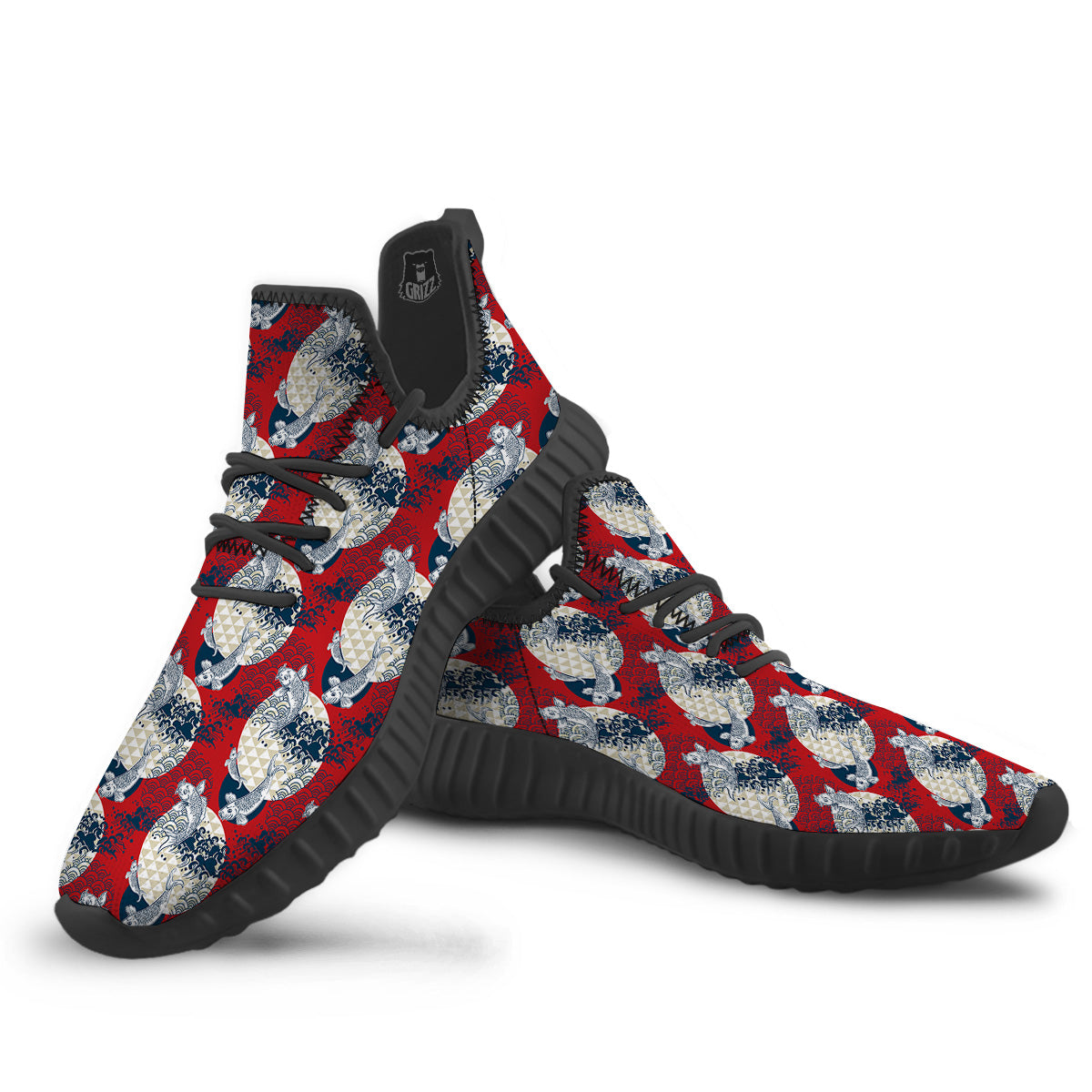 Koi Fish Japanese Wave Print Pattern Black Walking Shoes-grizzshop
