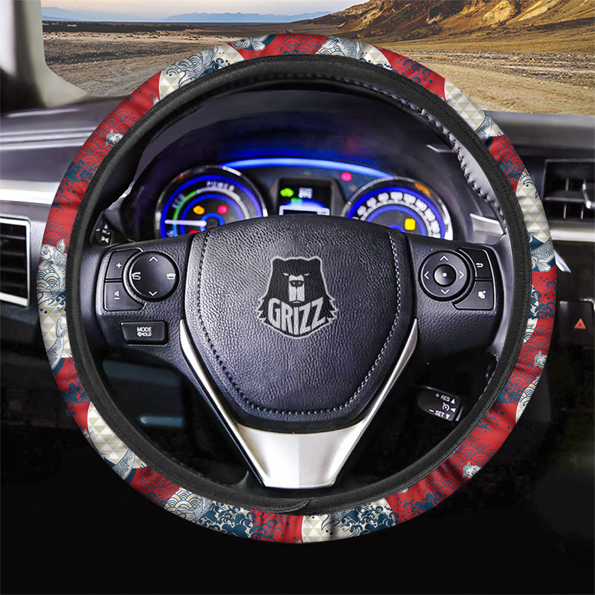 Koi Fish Japanese Wave Print Pattern Car Steering Wheel Cover-grizzshop