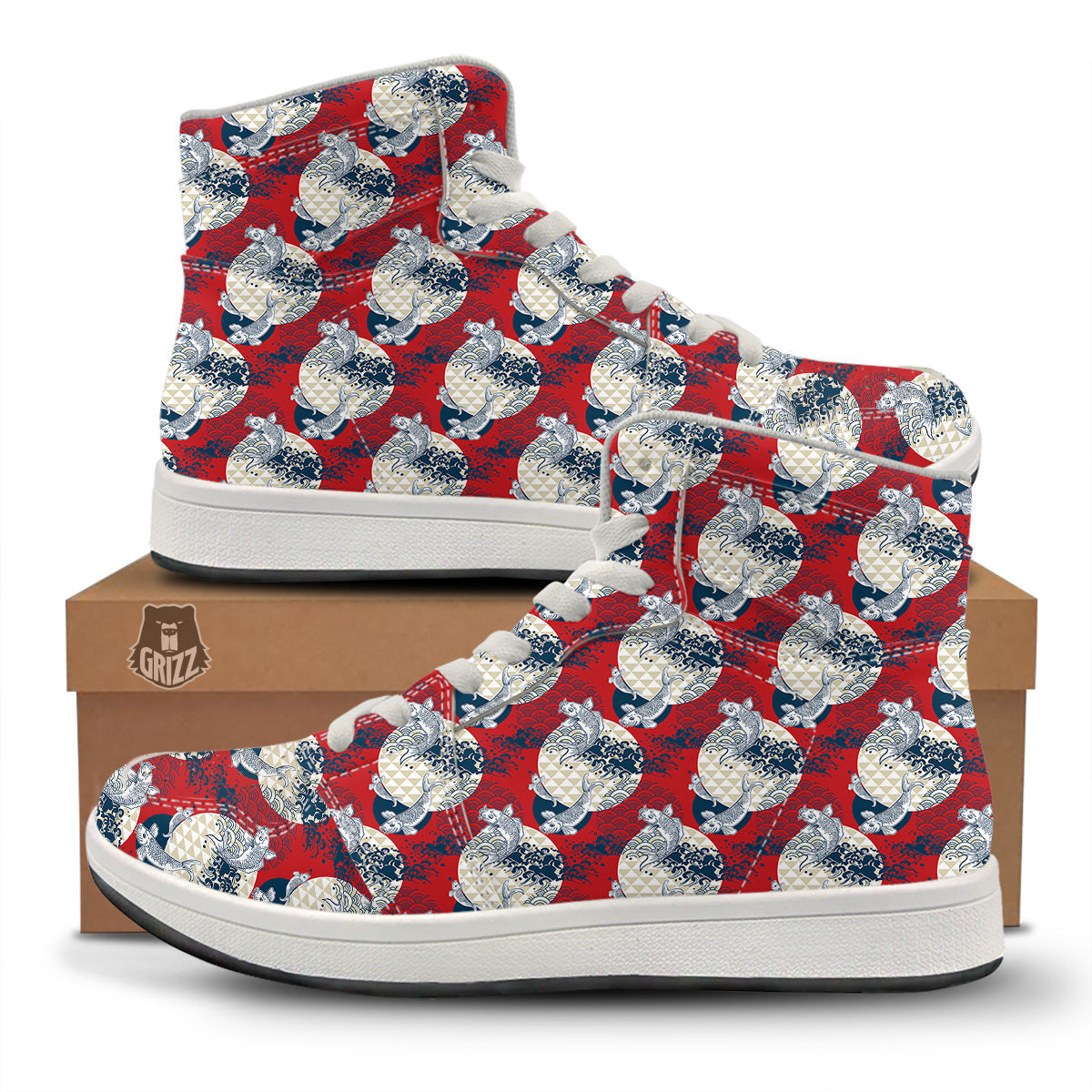 Koi Fish Japanese Wave Print Pattern High Top Sneakers-grizzshop