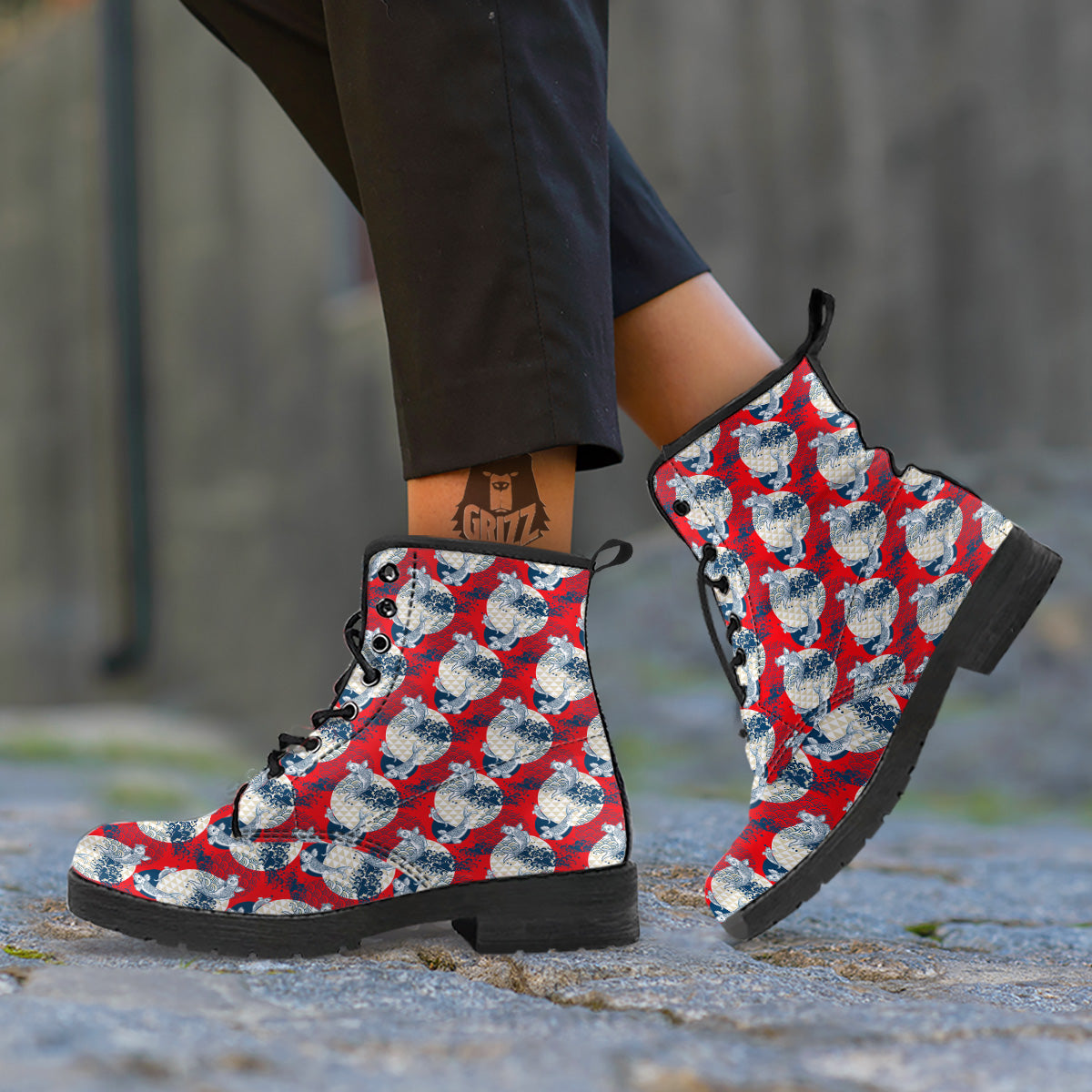 Koi Fish Japanese Wave Print Pattern Leather Boots-grizzshop