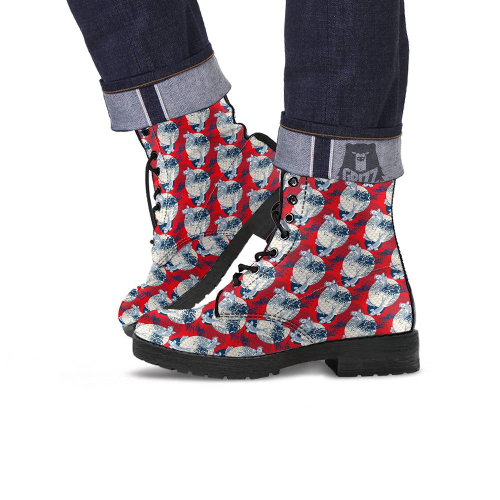 Koi Fish Japanese Wave Print Pattern Leather Boots-grizzshop