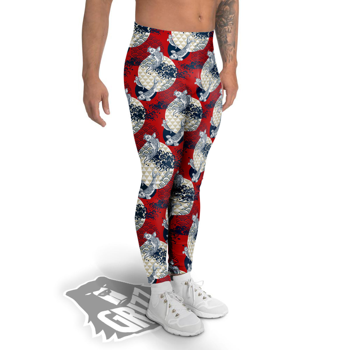 Koi Fish Japanese Wave Print Pattern Men's Leggings-grizzshop