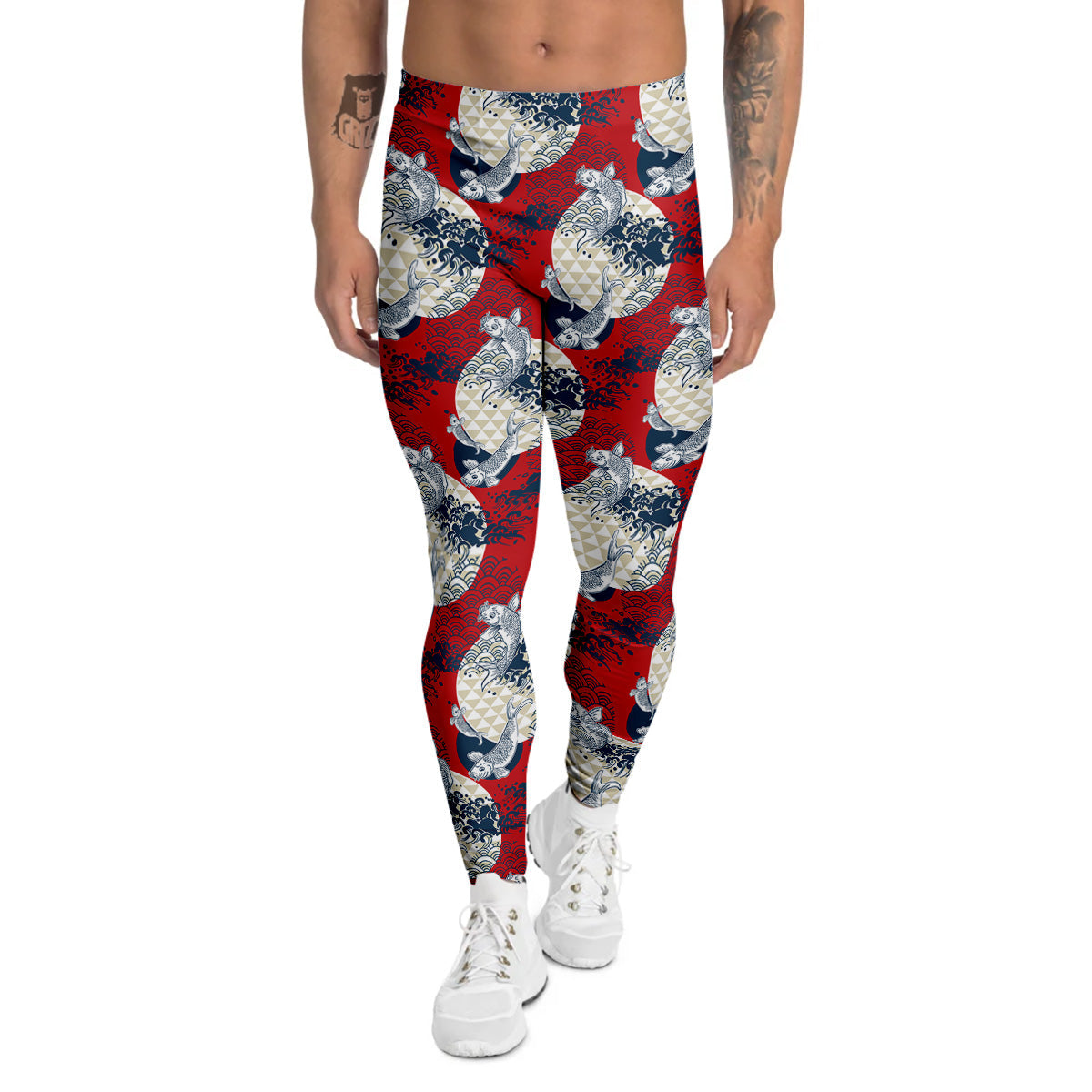 Koi Fish Japanese Wave Print Pattern Men's Leggings-grizzshop