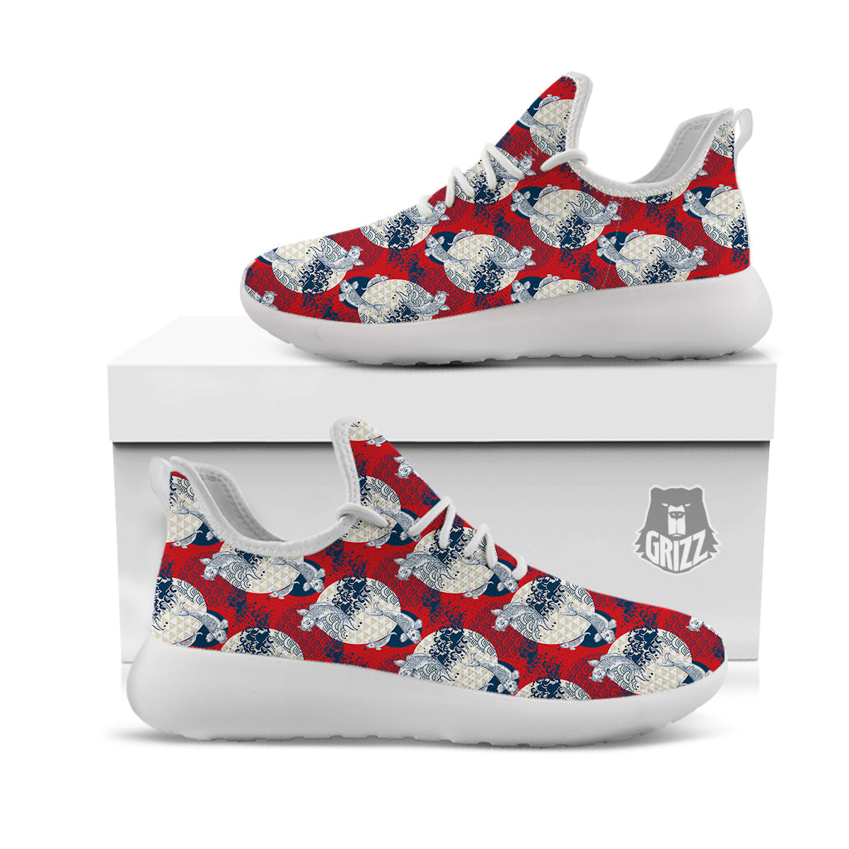 Koi Fish Japanese Wave Print Pattern White Athletic Shoes-grizzshop