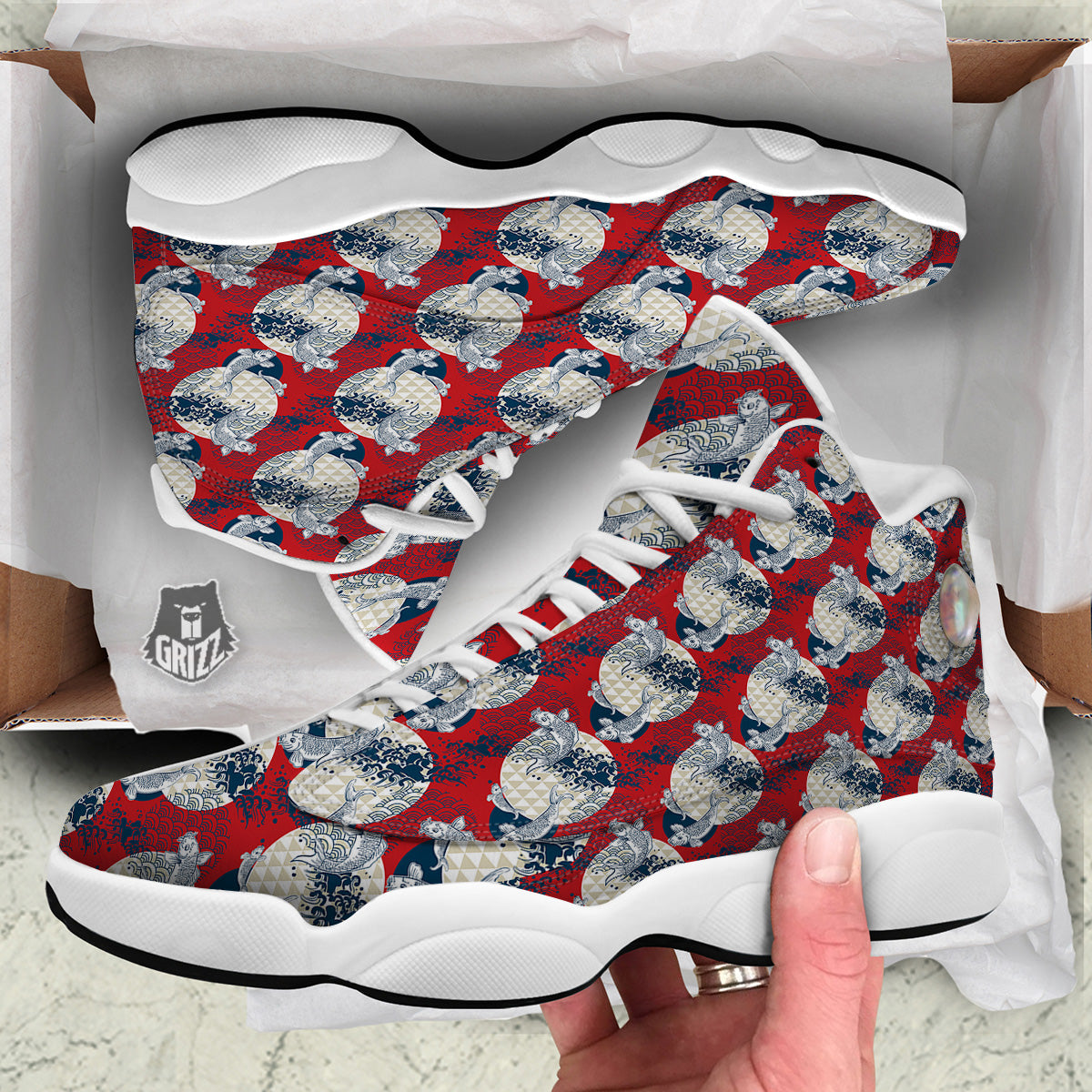Koi Fish Japanese Wave Print Pattern White Basketball Shoes-grizzshop