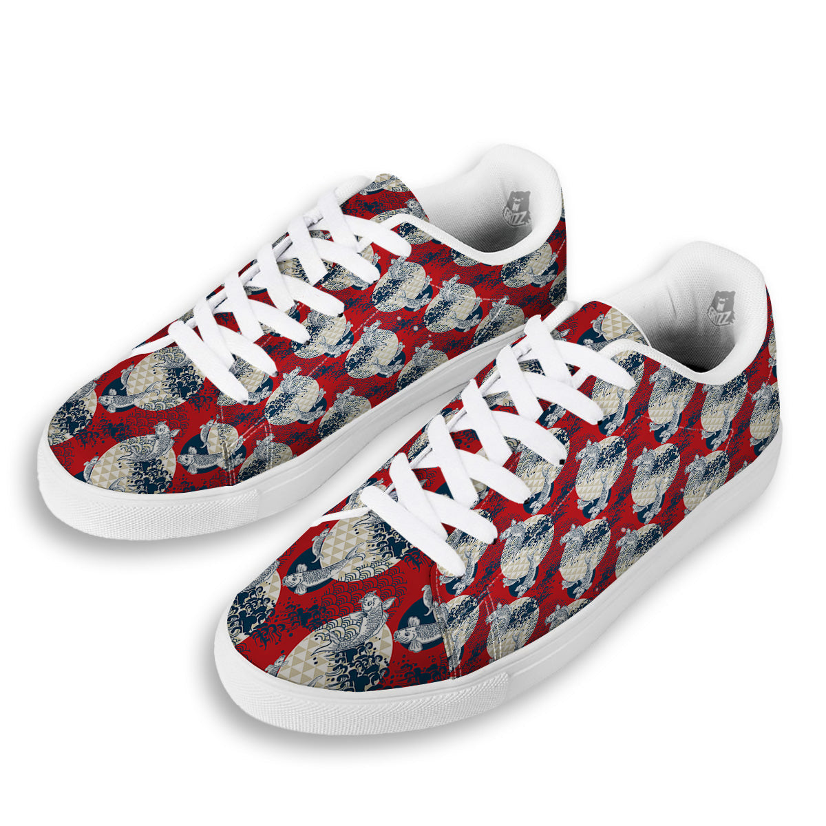 Koi Fish Japanese Wave Print Pattern White Low Top Sneakers-grizzshop