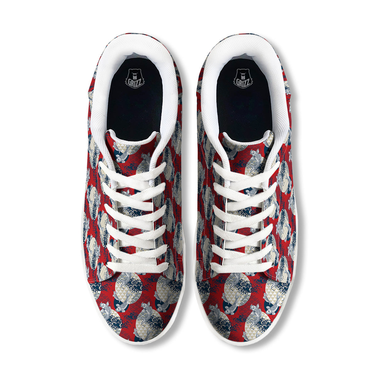 Koi Fish Japanese Wave Print Pattern White Low Top Sneakers-grizzshop