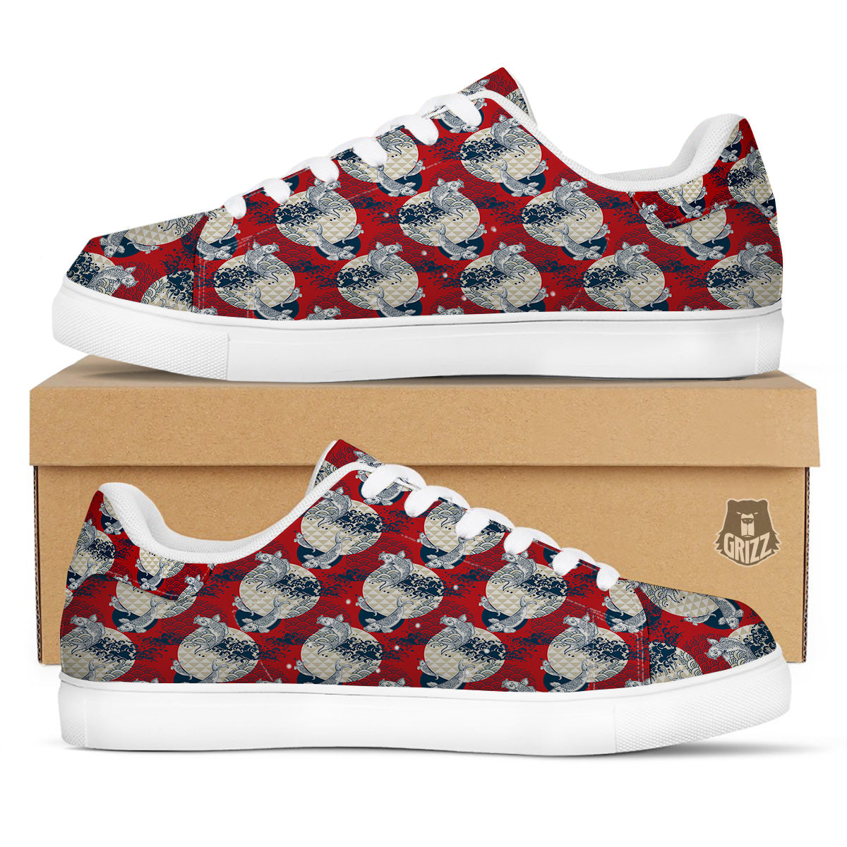 Koi Fish Japanese Wave Print Pattern White Low Top Sneakers-grizzshop
