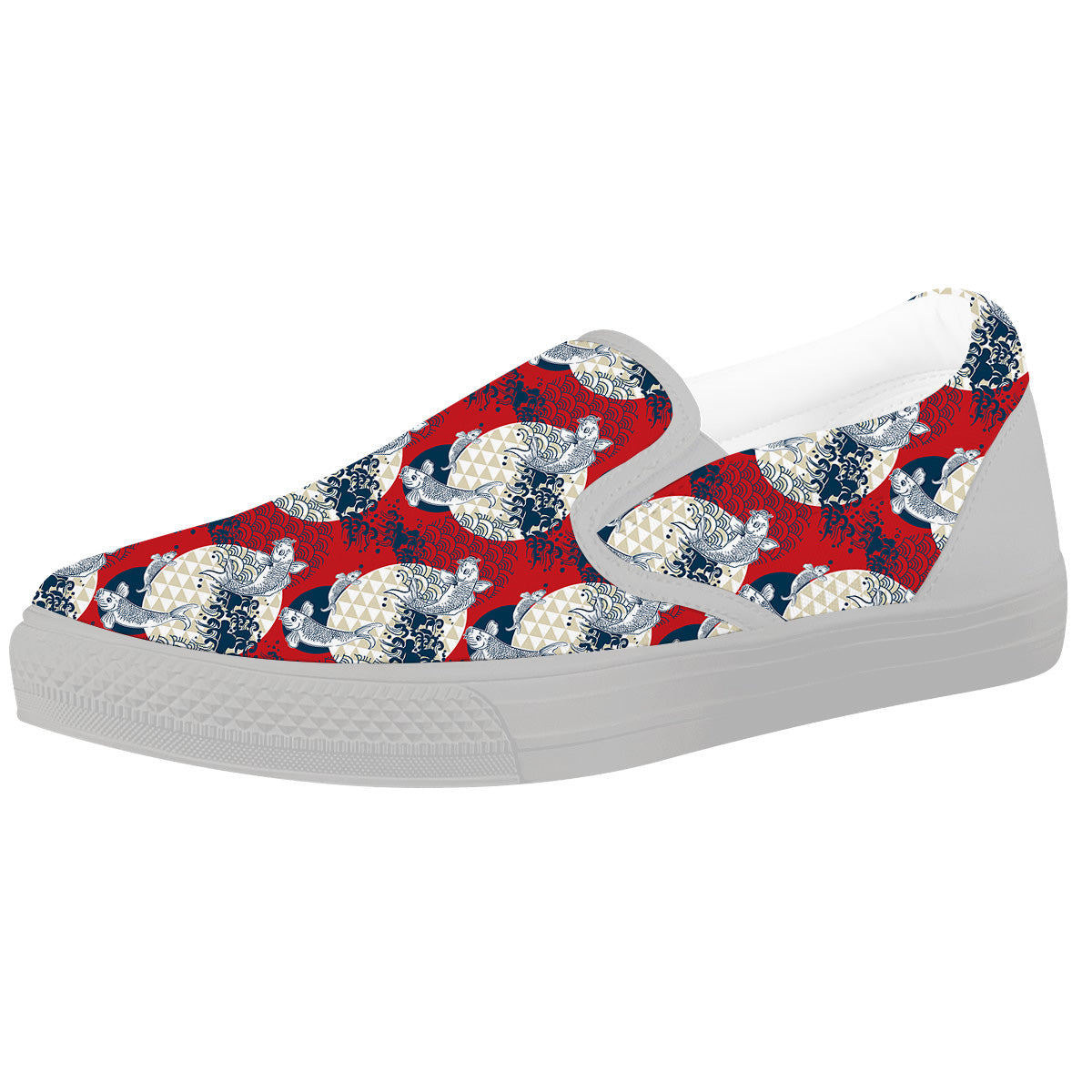 Koi Fish Japanese Wave Print Pattern White Slip On Shoes-grizzshop