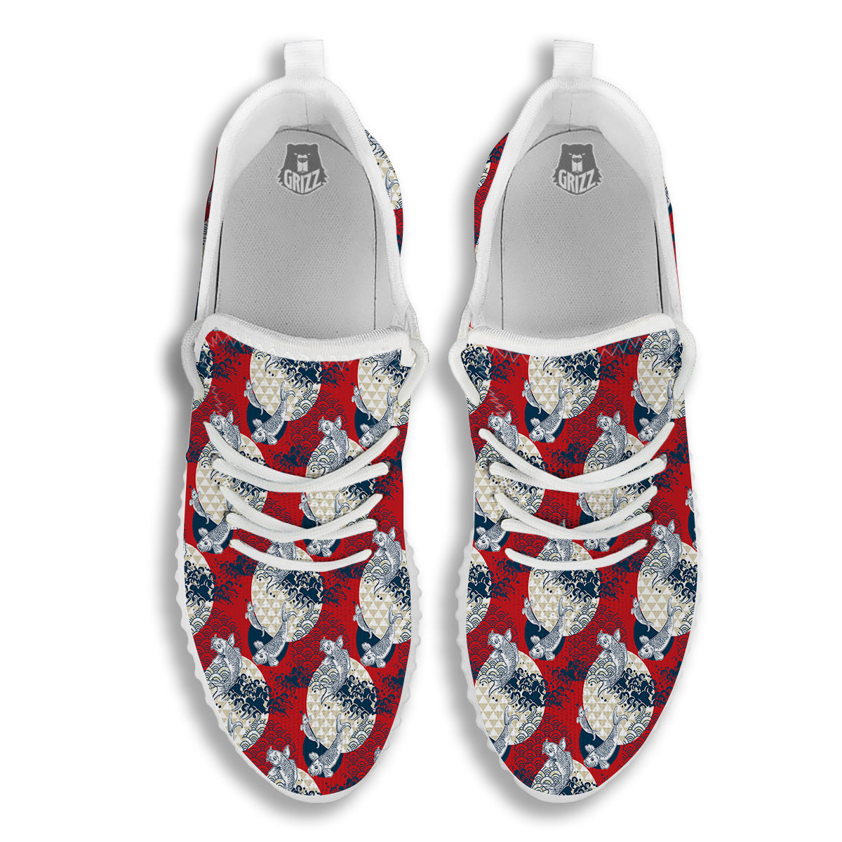 Koi Fish Japanese Wave Print Pattern White Walking Shoes-grizzshop
