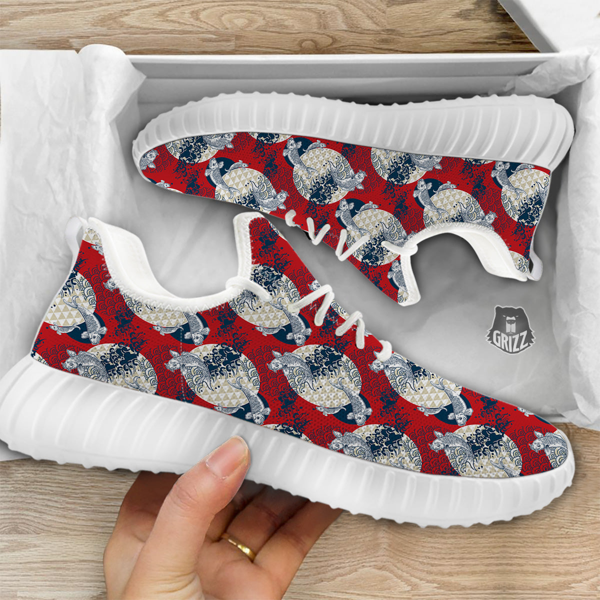 Koi Fish Japanese Wave Print Pattern White Walking Shoes-grizzshop