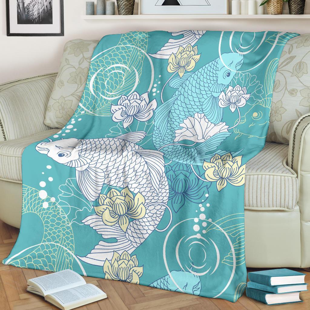 Koi Fish Lotus Pattern Print Blanket-grizzshop