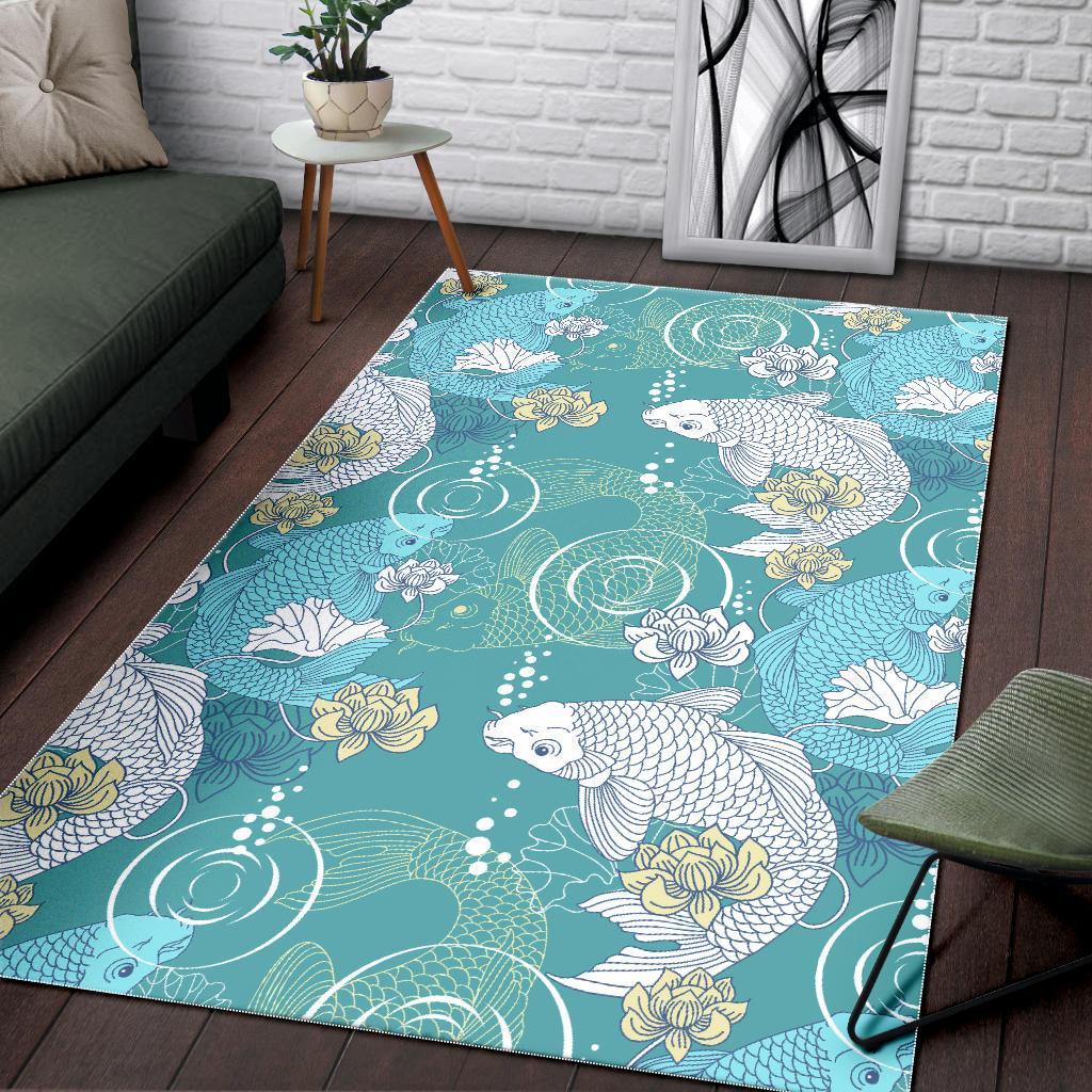 Koi Fish Lotus Pattern Print Floor Mat-grizzshop