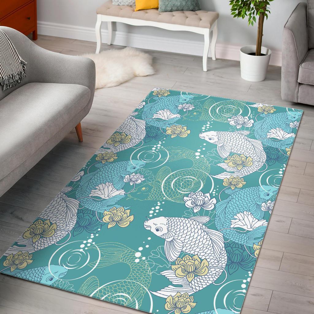 Koi Fish Lotus Pattern Print Floor Mat-grizzshop