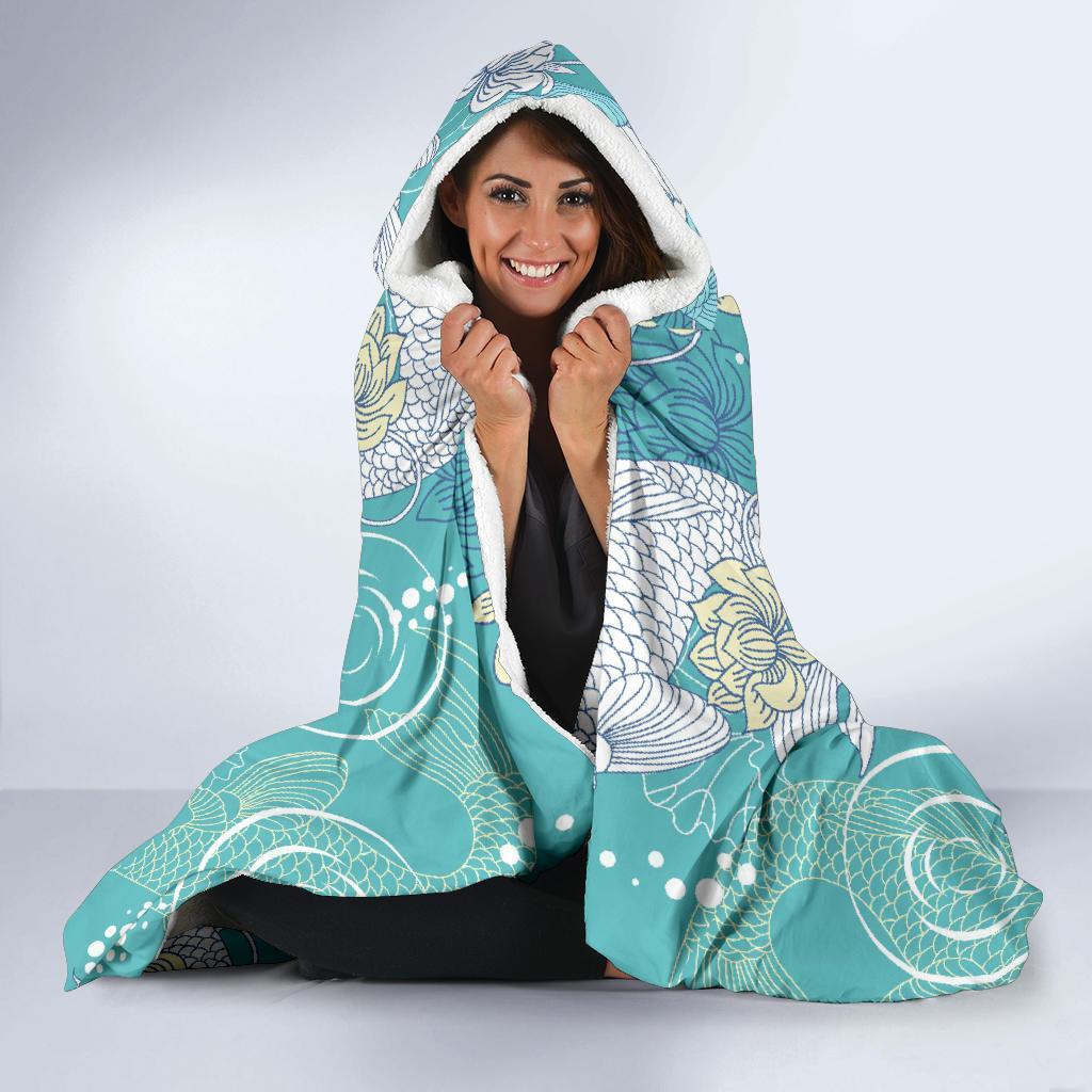 Koi Fish Lotus Pattern Print Hooded Blanket-grizzshop