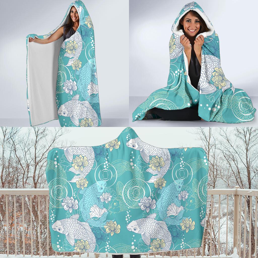 Koi Fish Lotus Pattern Print Hooded Blanket-grizzshop