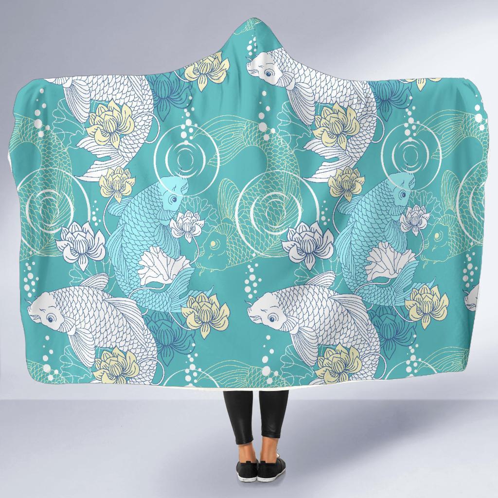 Koi Fish Lotus Pattern Print Hooded Blanket-grizzshop