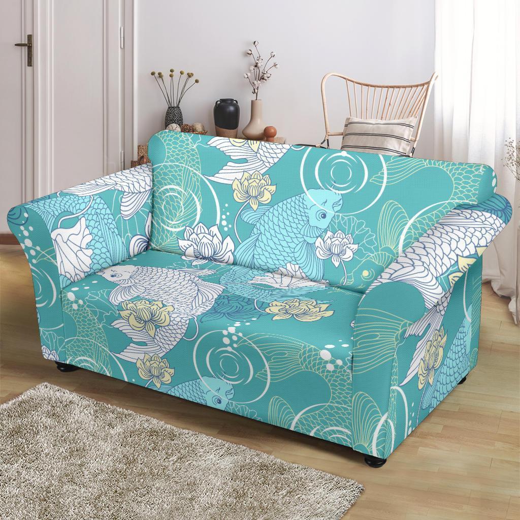 Koi Fish Lotus Pattern Print Loveseat Cover-grizzshop