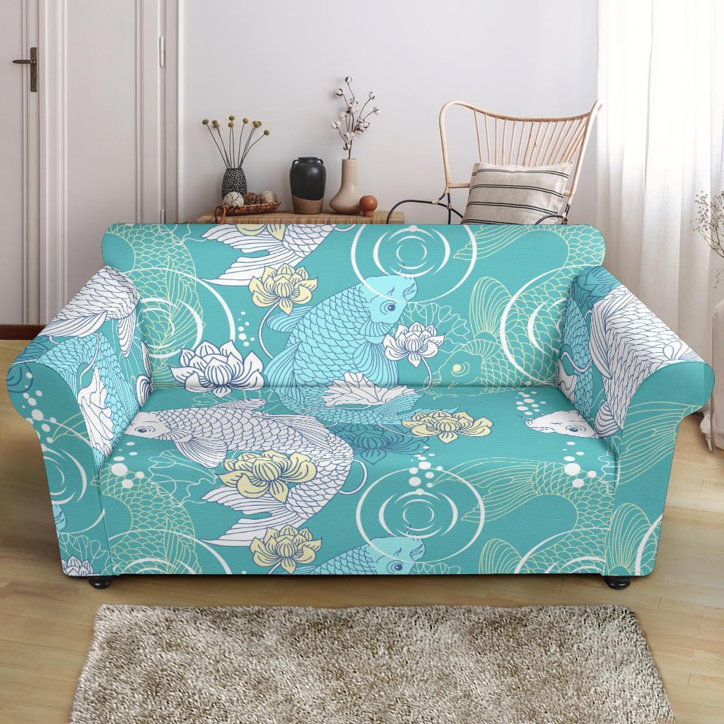 Koi Fish Lotus Pattern Print Loveseat Cover-grizzshop