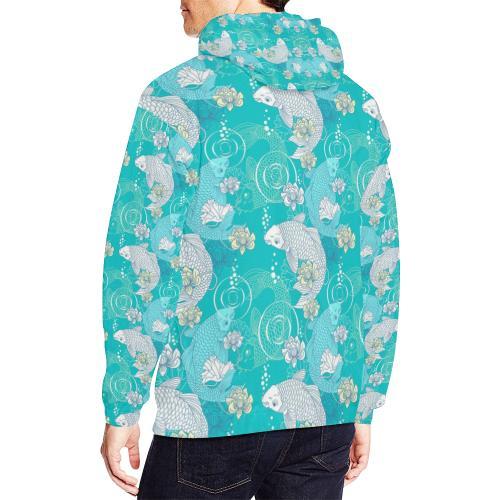 Koi Fish Lotus Pattern Print Men Pullover Hoodie-grizzshop