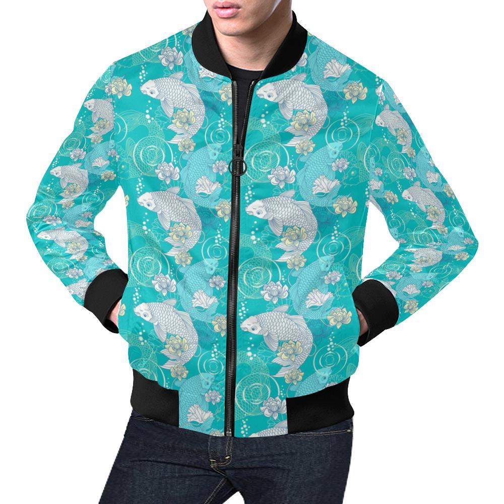 Koi Fish Lotus Pattern Print Men's Bomber Jacket-grizzshop