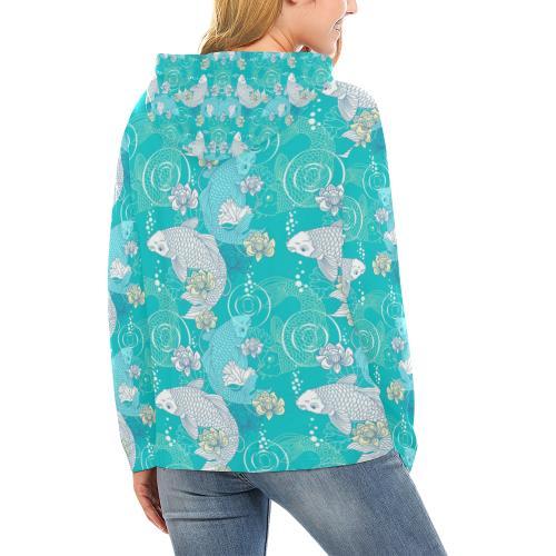 Koi Fish Lotus Pattern Print Women Pullover Hoodie-grizzshop