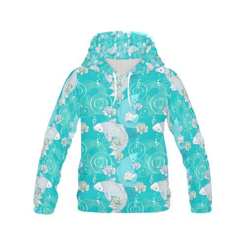 Koi Fish Lotus Pattern Print Women Pullover Hoodie-grizzshop