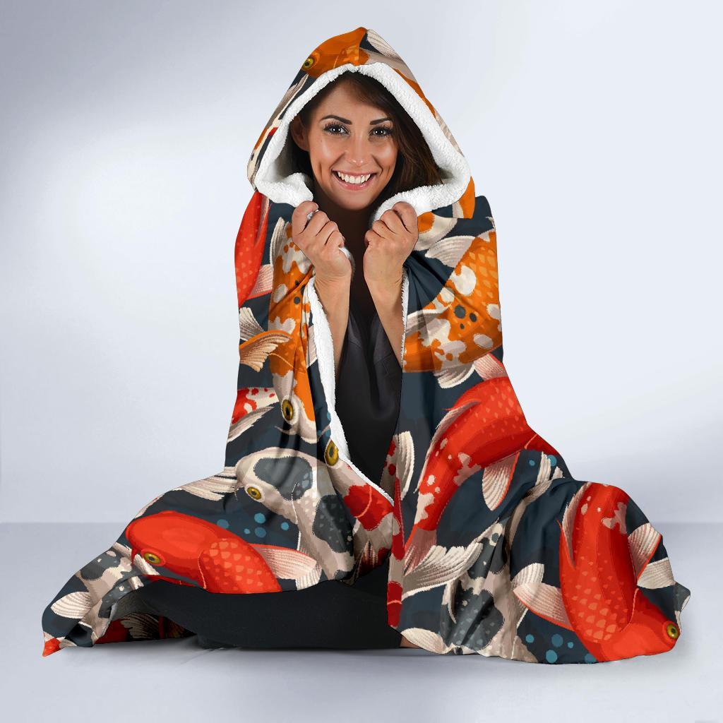 Koi Fish Pattern Print Hooded Blanket-grizzshop