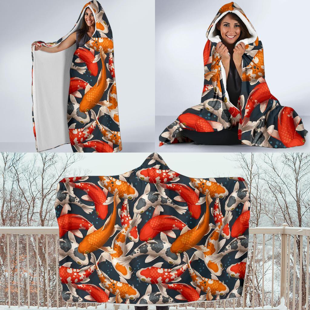 Koi Fish Pattern Print Hooded Blanket-grizzshop